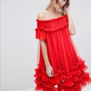 Asos Bardot Tulle Ruched Mini Dress